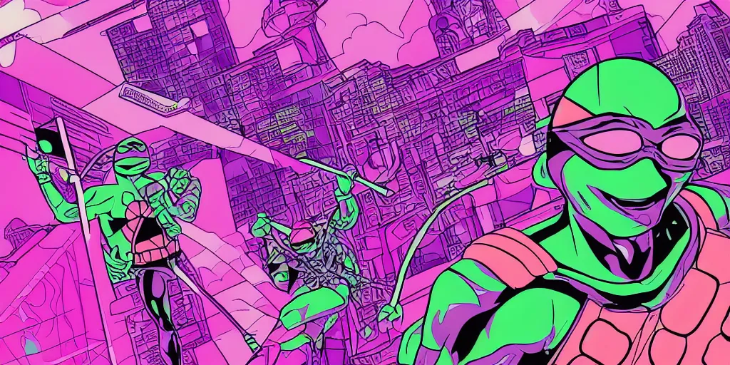 Image similar to vaporwave, vector graphics, teenage mutant ninja turtles, synthwave, nyc, neon, portrait, closeups