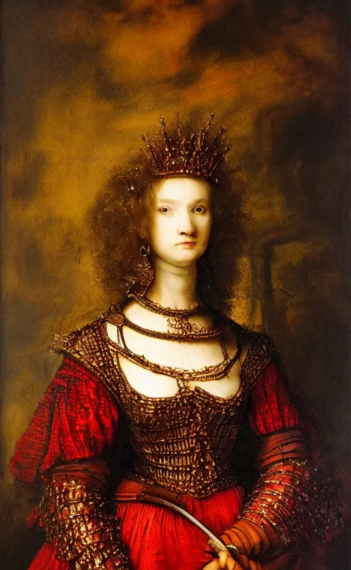 Prompt: Gothic princess in dark and red dragon armor, Rembrandt painting (1667), highly detailded