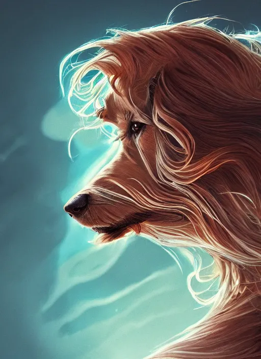 Prompt: beautiful illustration of a dog, gorgeous, amazing, flowing hair, muscular, very muscular male body, in the style abigail larsonand and sam guay, rim light, beautiful lighting, 8 k, stunning scene, octane, trending on artstation