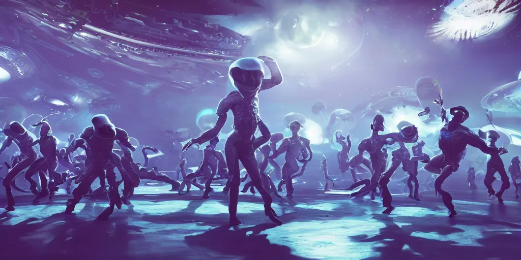 Prompt: aliens dancing after a victory over a planet inside their spaceship, cheerful colors, blue - white, unreal 5, hyperrealistic, realistic, photorealistic, dynamic lighting, highly detailed, cinematic landscape, studio landscape, studio lighting, 1 0 0 mm