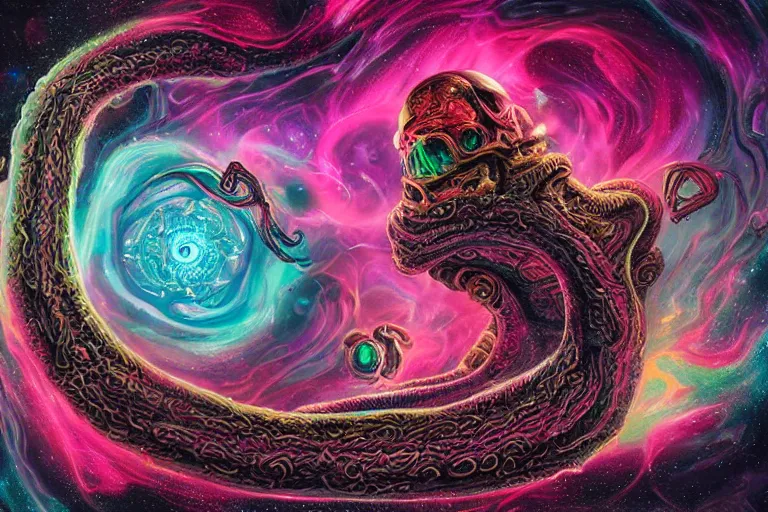 Image similar to a giant skull with intricate rune carvings and glowing eyes with lovecraftian tentacles emerging from a space nebula by dan mumford, twirling smoke trail vortex, twisting galaxies, digital art, photorealistic, vivid colors, highly detailed, intricate