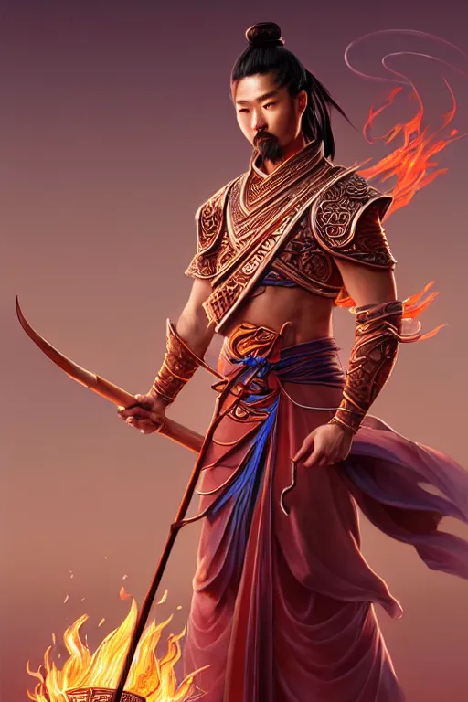 Prompt: handsome nezha, highly detailed, man holding spear, flame everywhere, epic pose, masterpiece chinese fantasy character portrait, highly detailed, digital painting, trending on artstation, concept art, sharp focus, illustration, global illumination, ray tracing, realistic shaded, art by artgerm and greg rutkowski and fuji choko and viktoria gavrilenko and hoang lap