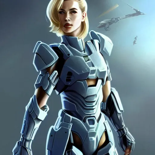 Image similar to A combination of Grace Kelly's and Ada Wong's and Ashley Greene's appearances with blonde hair wearing Forerunner armor from Halo, high tech, action shot, angular, full body portrait, futuristic, dramatic, fantasy, intricate, elegant, highly detailed, artstation, matte, sharp focus, 8K, art by Artgerm and Greg Rutkowski and Alphonse Mucha