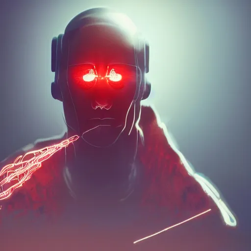Image similar to a Portrait of a cyborg with wires coming out of his face, red glowing eyes, by Sam Spratt, by Vlad Rodrig﻿u﻿e﻿z, computer screens in the background, trending on Artstation, dark, dramatic, cinematic, realistic studio lighting, realistic reflections, 4k, professional, canon