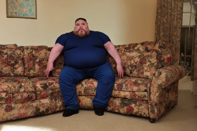 Image similar to 6 0 0 pound dwarf fusing to his couch