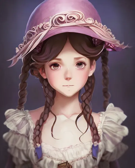 Image similar to a girl as ( fantasy personification of chocolate cupcake ), character design, cute hats, victorian inspired clothing, unreal engine, highly detailed, smooth, digital illustration by artgerm, studio ghibli, sharp focus, artstation. ribbons, fractal swirls. a fantasy bakery background by studio ghibli, makoto shinkai, global illumination, blender, maya 8 k