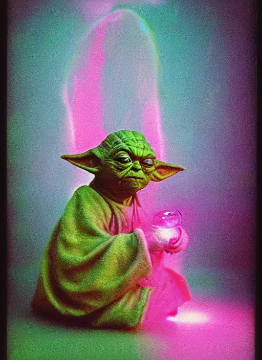 Prompt: colorful chromatic abberation, 9 0 s toy commercial, photo from the 7 0 s, polaroid photo of yoda, by zdzislaw beksinski