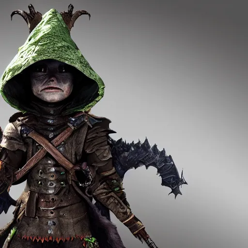 Image similar to cute tiny goblin girl wearing hunter armor from Bloodborne and a wizard hat, geeen skin, d&d, shadbase