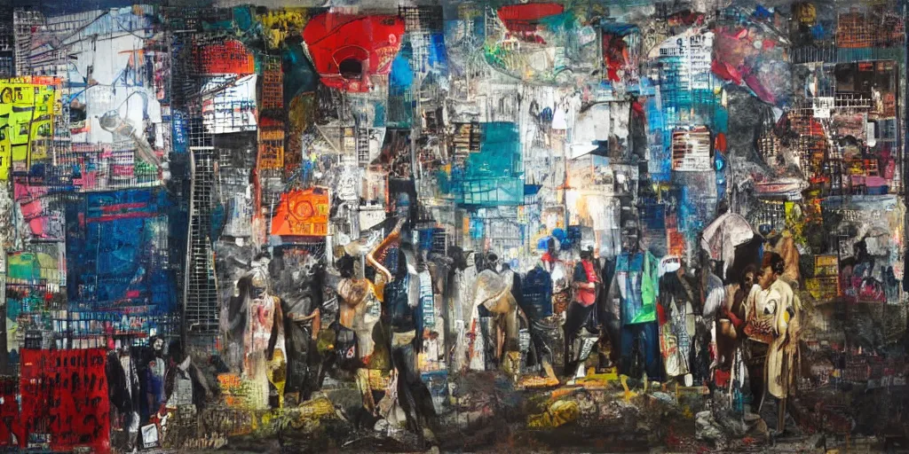 Image similar to robot in Ajegunle slum of Lagos conversing with African Jesus Christ about beauty under a large UFO beaming a neon ray, painting by Robert Rauschenberg,