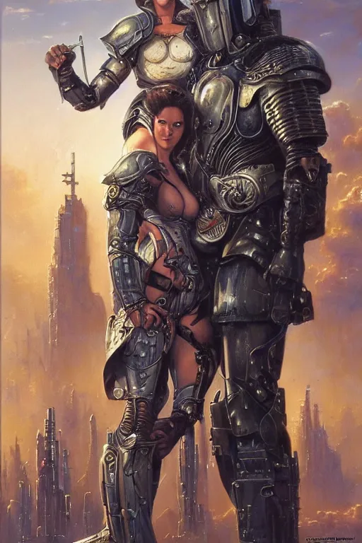 Image similar to a painting of a man in armor holding a woman, cyberpunk art by greg staples and by thomas blackshear and by michael whelan, cgsociety, fantasy art, dystopian art, androgynous, poster art