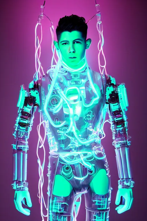 Prompt: full-body rococo and cyberpunk style mint neon and ceramic statue of a muscular attractive Nick Jonas as a robot god humanoid wearing a thin see-through plastic cloak sim roupa, posing like a superhero, suspended to the wall thick clear cables around his wrists, glowing peach face, crown of pink steampunk lasers, large diamonds, swirling silver silk fabric. futuristic elements. oozing glowing liquid, full-length view. space robots. human skulls. throne made of bones, intricate artwork by caravaggio. Trending on artstation, octane render, cinematic lighting from the right, hyper realism, octane render, 8k, depth of field, 3D