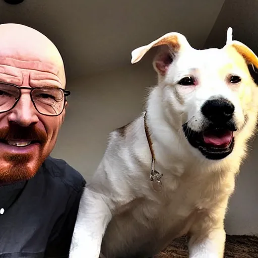 Image similar to Walter White with the dog filter, selfie, cute, snapchat, lighthearted, wholesome