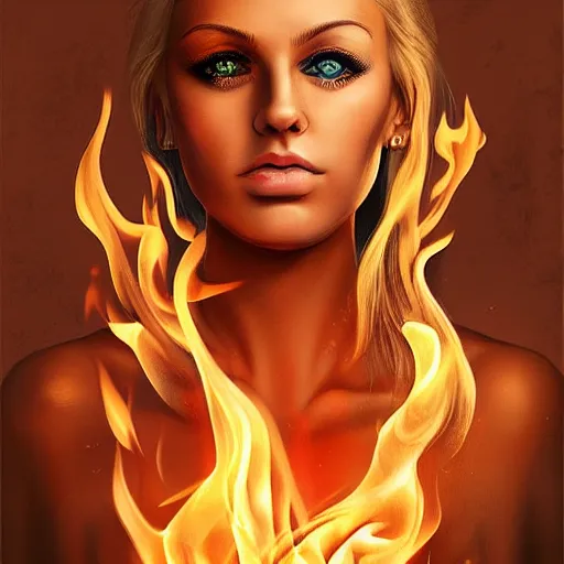 Prompt: young blond woman, controlling flames in her hands, very detailed, realistic, symmetrical face, sexy, art by digital painting,