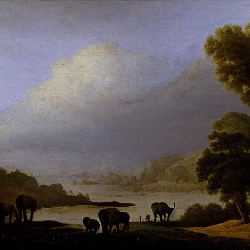 Prompt: the african velt, highly detailed landscape painting by claude lorrain, misty ominous atmosphere