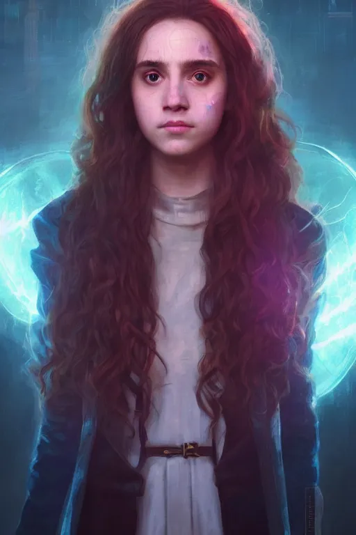 Image similar to portrait of Hermione Granger in cyberpunk, neon lighting, digital art from artstation by Ruan Jia and Mandy Jurgens and Artgerm and william-adolphe bouguereau and Greg Rutkowski and Wayne Barlowe