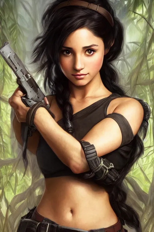 Image similar to beautiful cottagecore Ariana Grande as laura croft, Black Hair, tomb raider, intricate, elegant, highly detailed, digital painting, artstation, concept art, smooth, sharp, focus, illustration, art by artgerm and greg rutkowski and alphonse mucha