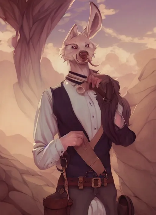 Prompt: beautiful portrait commission of a male furry anthro wolf wearing a white dress shirt with suspenders in an old-timey desert town. Atmospheric. Character design by charlie bowater, ross tran, artgerm, and makoto shinkai, detailed, inked, western comic book art