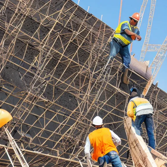 Image similar to two construction workers removing the moon from the sky