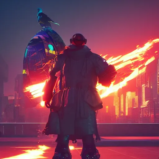 Prompt: Cyberpunk FantasyCore Kowloon giant flaming penguin, neon electronic, rendered in Lumion Pro, Autodesk Solidowkrs Visualize, Maya, and Cinema 4D by Iwan Baan, Greg Rutkowski, Ted Gore, Dustin Lefevre, and Jaya Su Berg, trending on artstation, cgsocciety r/art