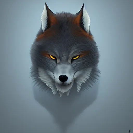 Image similar to character design, anthropomorphic wolf wearing fox mask, in the style of killian eng kawase hasui, artstation trending, 8 k, photorealistic, volumetric lighting caustics, surreal