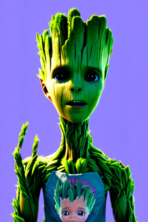 Image similar to duotone concept illustration 3 / 4 portrait of kid face consisting of marijuana, baby groot, cannabis!, high quality 3 d render very cute cyborg weed! incorporated speakers!, cyberpunk highly detailed, unreal engine cinematic smooth, in the style of blade runner & detective pikachu, hannah yata charlie immer, moody light, low angle, uhd 8 k, sharp focus