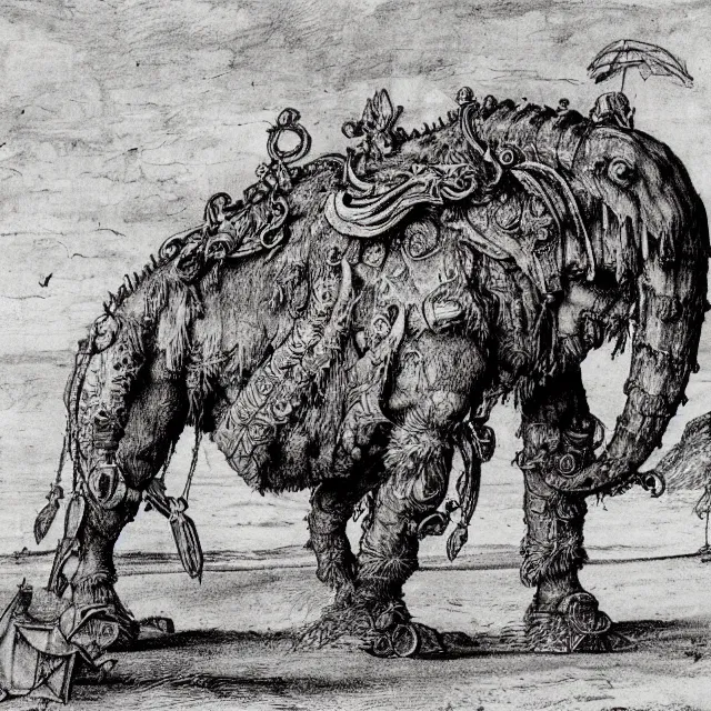 Prompt: a detailed, intricate drawing of a heavily armored mammoth on a beach, by albrecht durer