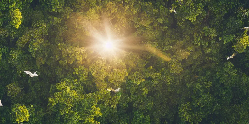 Image similar to view of sunlit rainforest treetops with flying birds, photograph, 4 k