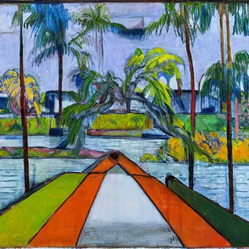 Image similar to a long river, tied bridge on local river, a lot of boat in river, 2 number house near a lot of palm trees and bougainvillea, summer, painting style of mondrian gray tree - 1 0 0 0