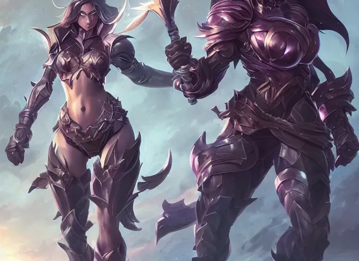 Image similar to beautiful new female character for league of legends, character concept art, action pose, illustration, full body armor, steel plating, huge weapon, super powers, athletic, symmetry, intricate design, shiny, highly detailed, 4 k, dramatic lighting, art by artgerm and greg rutkowski