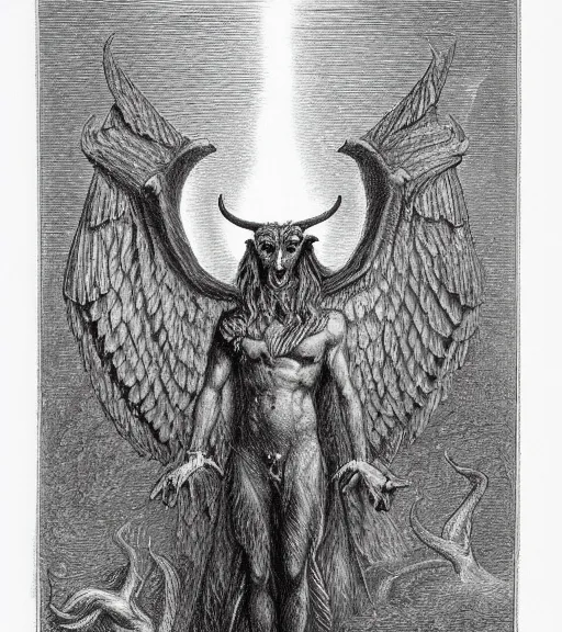 Image similar to baphomet pencil illustration by gustave dore, highly detailed, centered, concept art, smooth, sharp focus, illustration