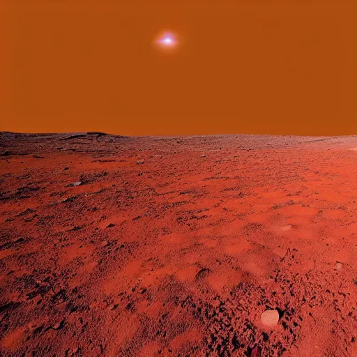 Prompt: photo taken on the surface of a rocky sandy red planet during the night that has many colorful stars visible in the night sky