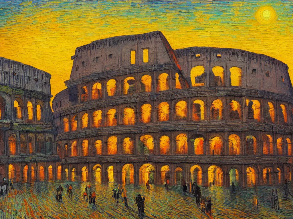 Prompt: trending on artstation, the Colosseum during sunset, oil on canvas, in the style of Vincent van Gogh