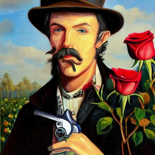 Prompt: a painting of a tall man with blue eyes that is wearing a wide brim hat and a leather vest. He has no facial hair. He is holding a revolver in his left hand and a rose is in his right hand. He is standing in a field of roses.