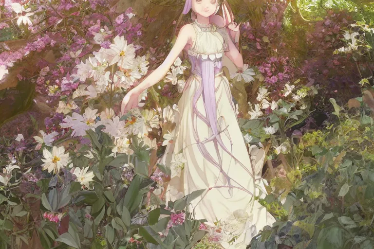 Prompt: a digital art of a loli with long hair in a dress in the privet garden at after noon, by krenz cushart and mucha and akihito yoshida and greg rutkowski and makoto shinkai, detailed eyes, 4 k resolution 、 trending on art station