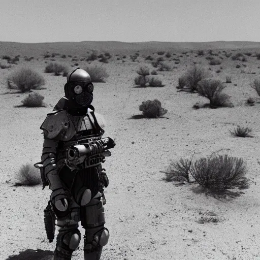 Image similar to a heavily armored man wearing a gasmask walking through a desert, coral in background, film still, arriflex 3 5