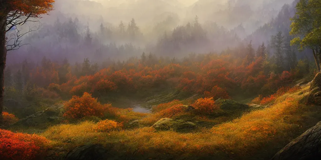 Prompt: Beautiful hyperrealistic detailed matte painting of a Landscape of dense colorful heaths on a huge clearing on the lost Vibes in the foreground and band of mountains overwhelmed in the forest in the background, in the morning on autumn, cold, light fog, by andreas rocha and john howe, and Martin Johnson Heade, featured on artstation, featured on behance, golden ratio, ultrawide angle, f32, well composed, cohesive.69:1