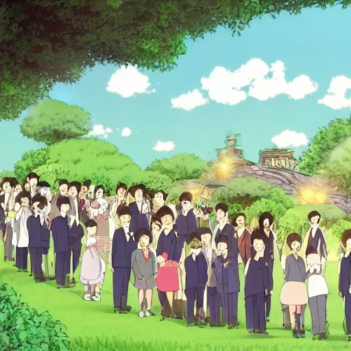 Prompt: STUDIO GHIBLI | a wedding at the farm, happy antropomorphic farm animals wearing wedding suits and robes, extended family, outside, mountain background, by Studio Ghibli, still picture, perfect movie shot, animation masterpiece, composition, frame