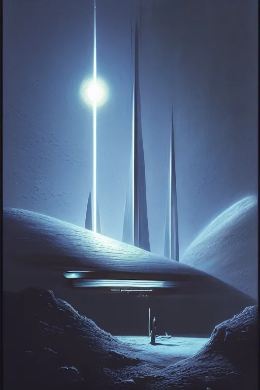 Prompt: emissary space by arthur haas and bruce pennington and john schoenherr, cinematic matte painting, minimal modern, zaha hadid building in the mountains, photo realism, neon lights, dark monochrome color palate,