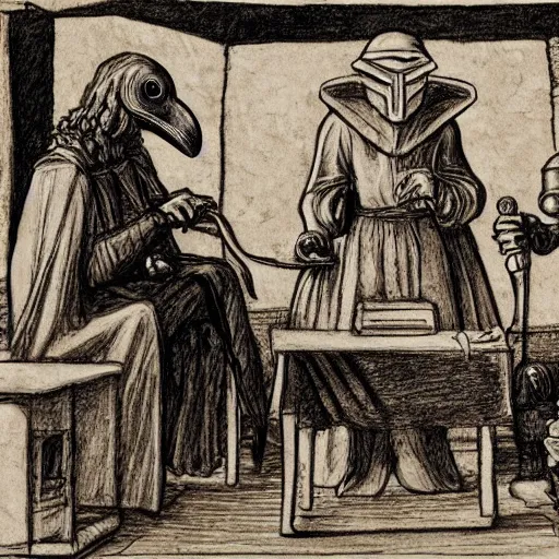 Prompt: leonardo davinci and a plague doctor hosting a podcast, intricate, highly detailed, comic book style, 4 k, concept art, table with microphones