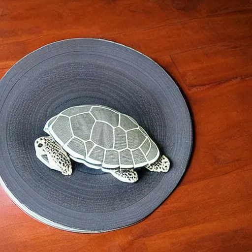 Prompt: a turtle plush toy on top of a vinyl record