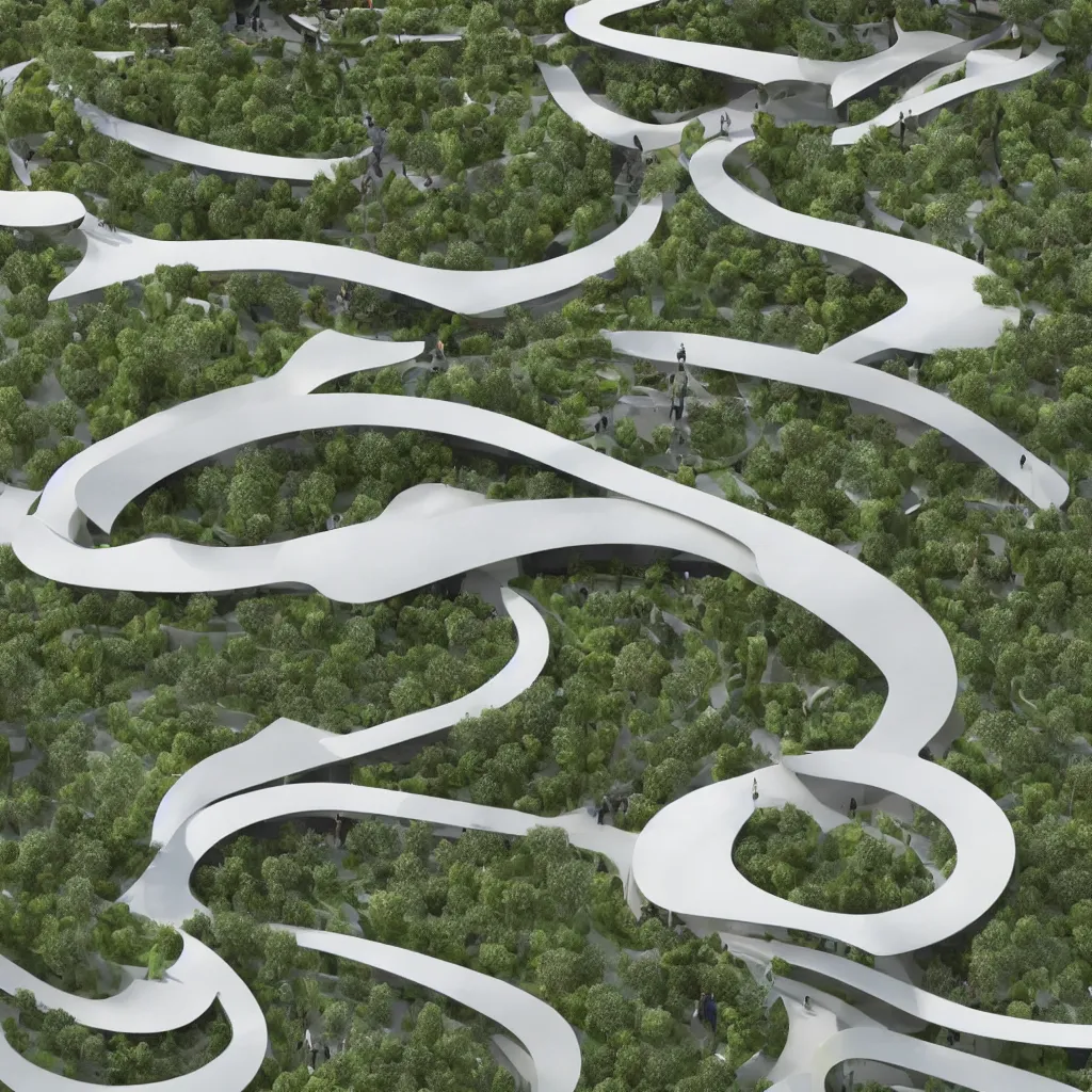 Image similar to “ an incredibly smooth curvilinear architectural sculpture, unfolding continuous golden surfaces enclose a visually interesting garden designed by zaha hadid, architecture render, axonometric ”