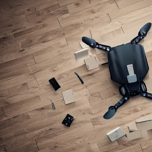 Prompt: realistic photograph of a drone sitting in a box, surrounded by other drone parts scattered over the floor