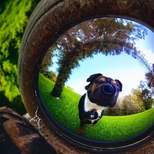 Prompt: dog sniffing camera, close-up, gopro image, worm's-eye view