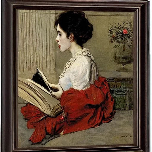 Image similar to woman reading, tentacles coming out of the book by alfred stevens