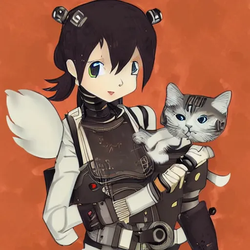 Prompt: a robotic steampunk human and cat, anime, wholesome, detailed,