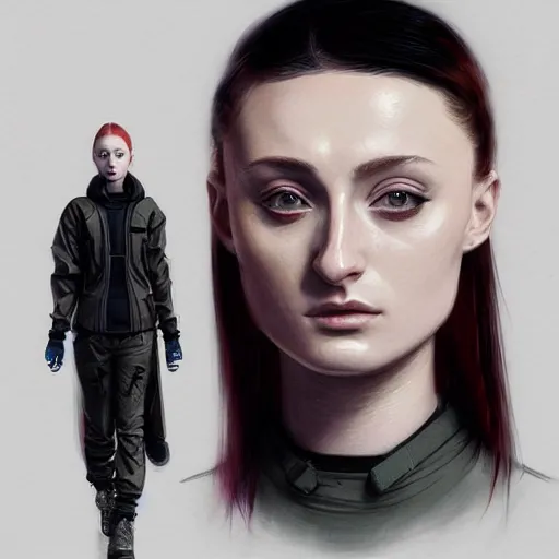 Image similar to sophie turner, streetwear, techwear, cyberpunk style outfit, nose piercing, detailed portrait, intricate complexity, by greg rutkowski, cushart krentz, artgerm, ross tran, conrad roset, takato yomamoto, ilya kuvshinov. 4 k, beautiful, cinematic dramatic atmosphere, portrait lighting