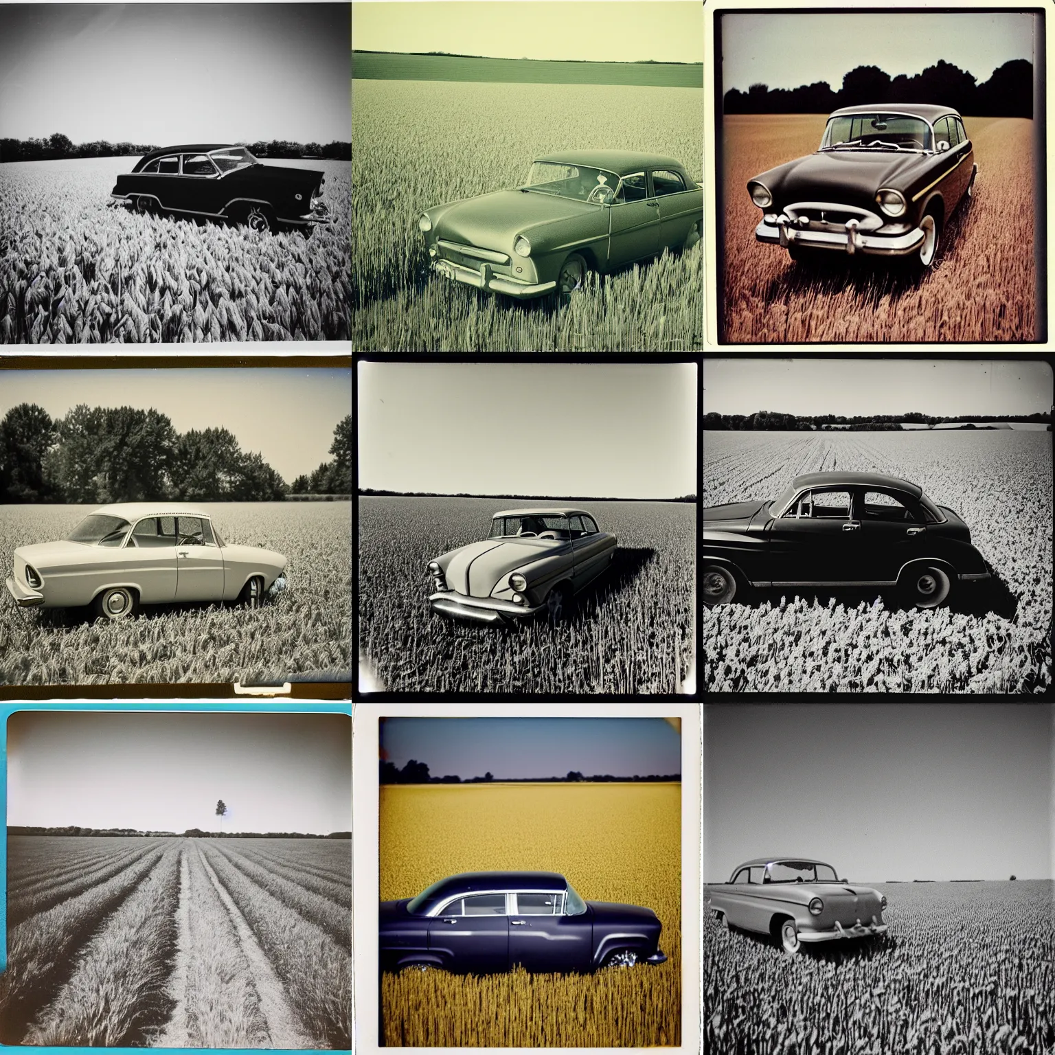 Prompt: old 5 0 s car broken down, field of wheat, polaroid, film still