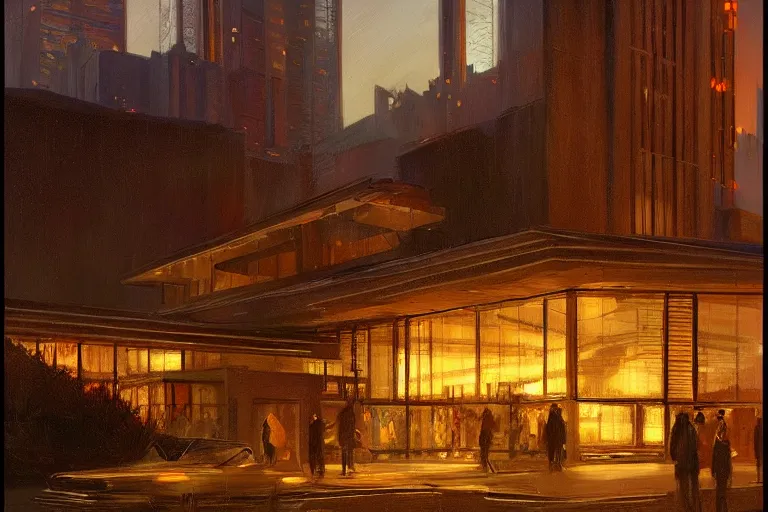 Prompt: night light as day trending on artstation building by frank lloyd wright painting by james gurney by trending on artstation matte painting,