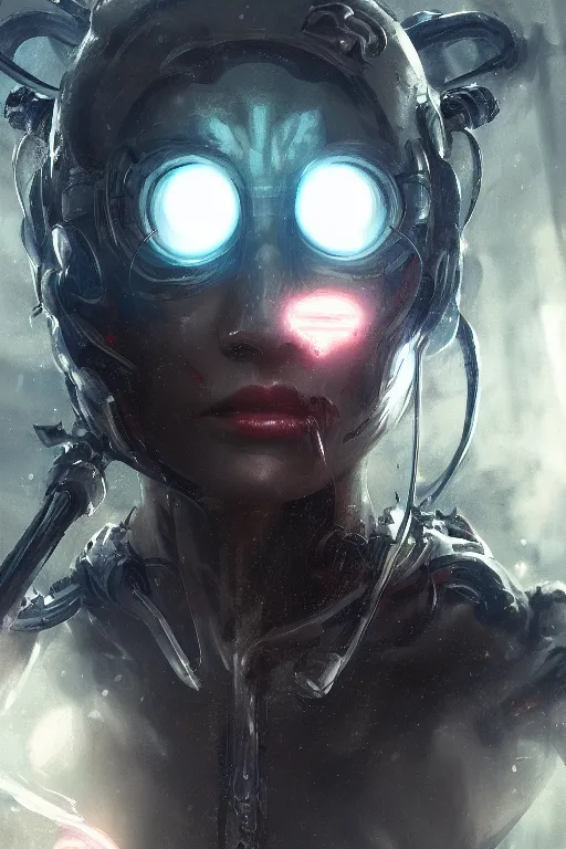 Image similar to a cyborg demon girl, flawless symmetrical pretty cute face, greg rutkowski, 8 k, shallow depth of field, intricate detail, concept art,