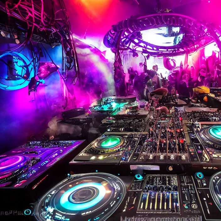 Image similar to award winning photo of an octopus! as a dj with tentacles! simultaneously placed turntables cdjs and knobs of a pioneer dj mixer. sharp, blue and fuschia colorful lighting, in front of a large crowd, studio, medium format, 8 k detail, volumetric lighting, wide angle, at an outdoor psytrance festival main stage at night